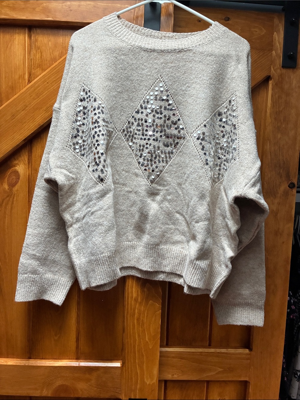 Sequin Diamond Accent Sweater in Light Beige